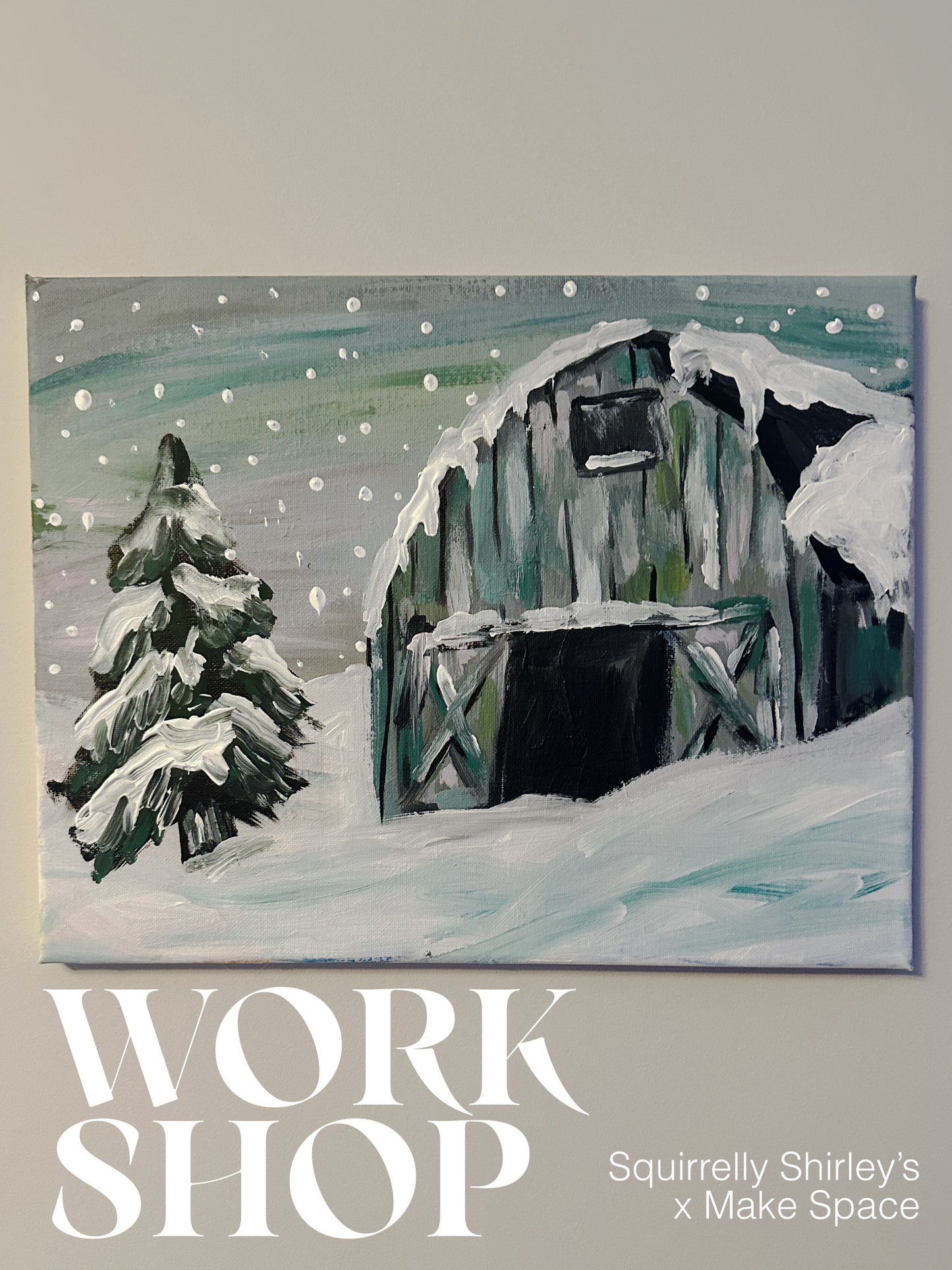 Snowy Barn Paint Night at Squirrelly Shirley’s! - Adult Workshop (16+), Jan. 3rd, 7:00pm ❄️🕯️